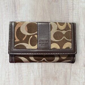 Coach Signature Canvas & Leather Trifold Wallet Brown Logo Print